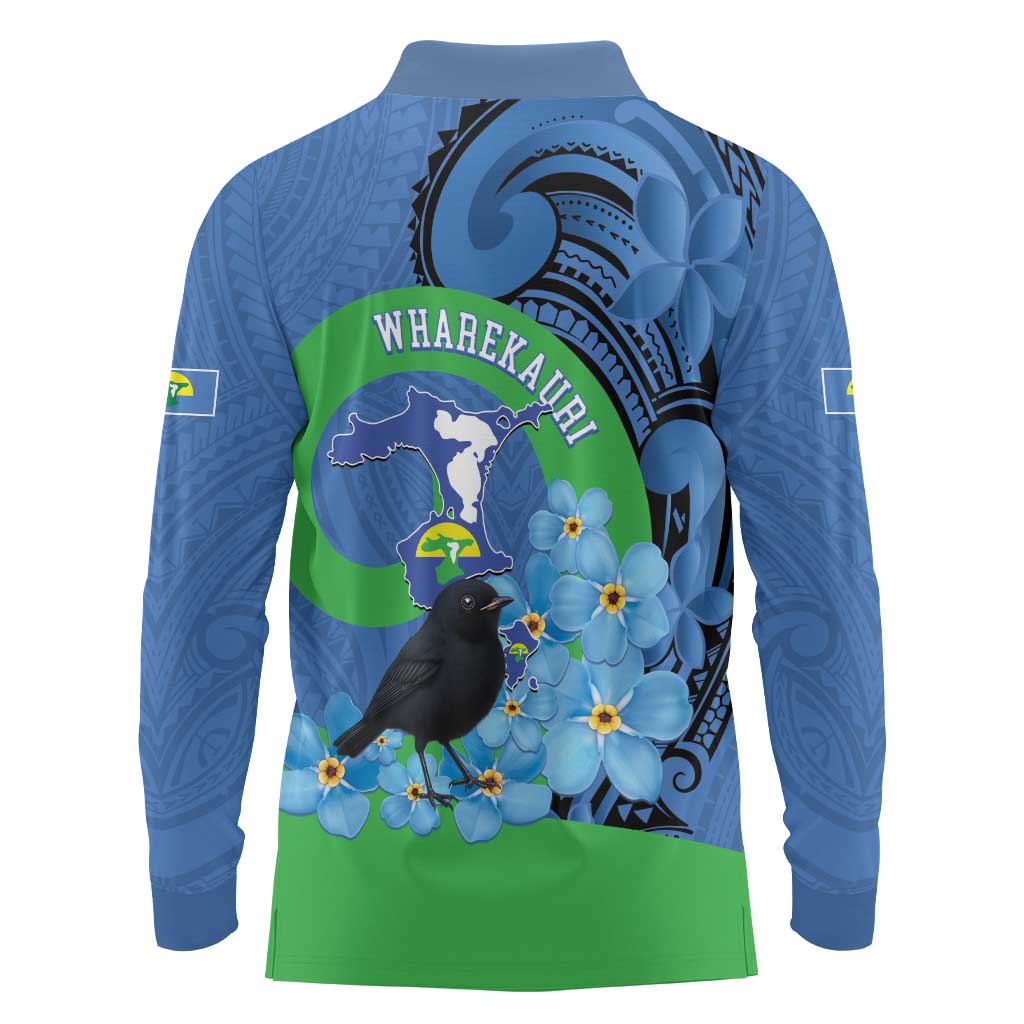 New Zealand Chatham Islands Long Sleeve Polo Shirt Wharekauri Forget Me Not With Black Robin LT14 - Polynesian Pride