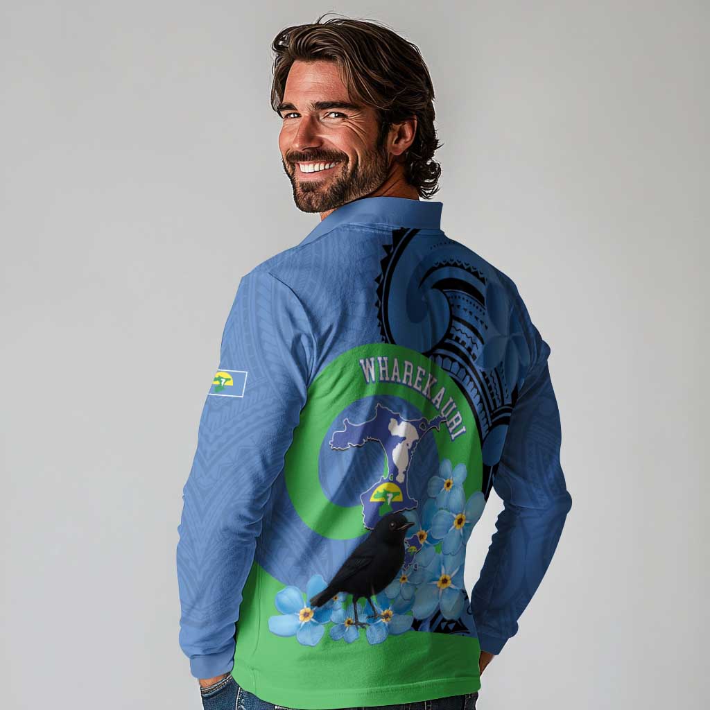 New Zealand Chatham Islands Long Sleeve Polo Shirt Wharekauri Forget Me Not With Black Robin LT14 - Polynesian Pride