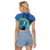 New Zealand Chatham Islands Raglan Cropped T Shirt Wharekauri Forget Me Not With Black Robin LT14 - Polynesian Pride