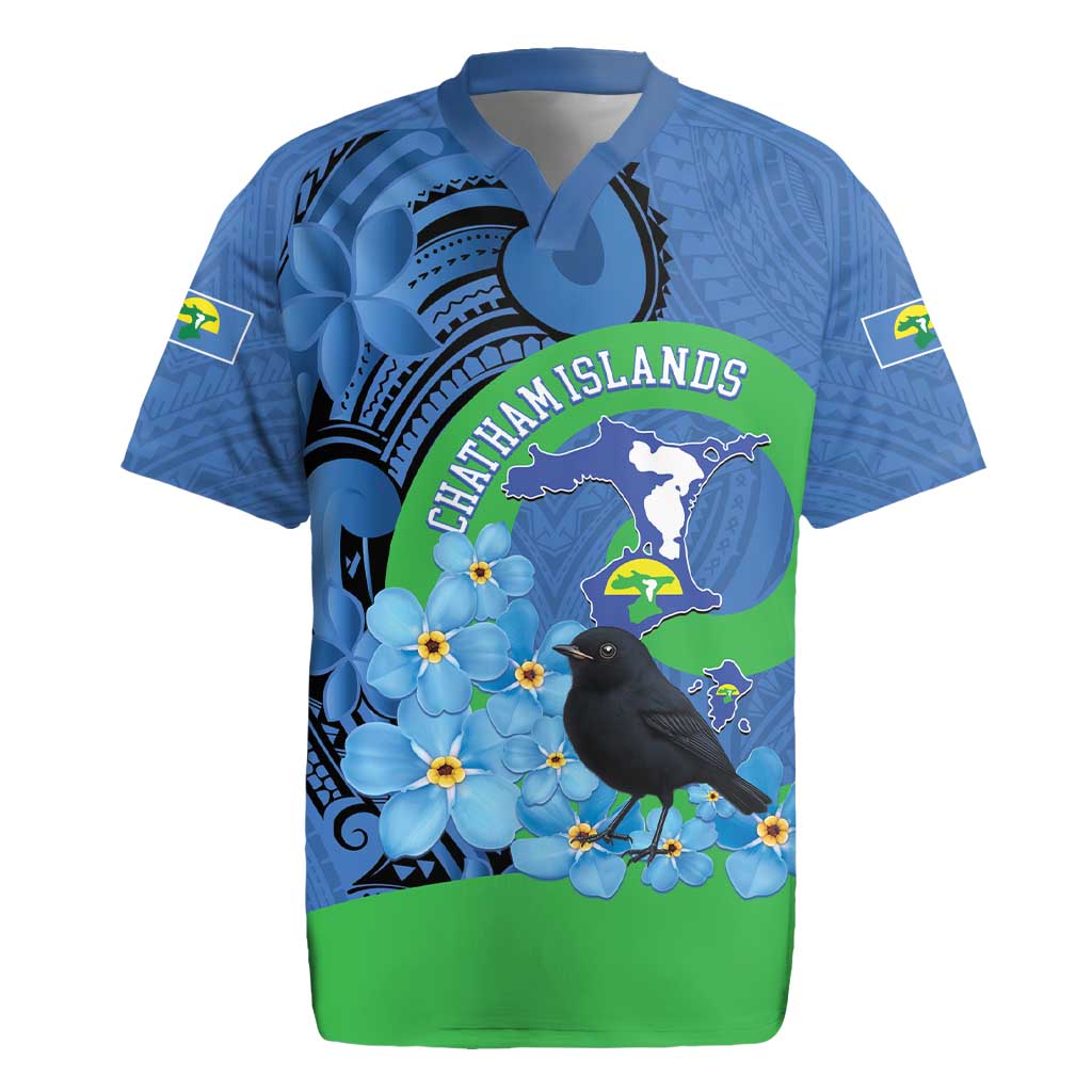 New Zealand Chatham Islands Rugby Jersey Wharekauri Forget Me Not With Black Robin LT14 Blue - Polynesian Pride