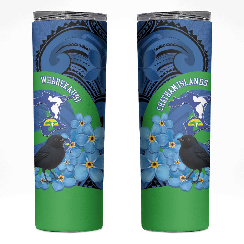 New Zealand Chatham Islands Skinny Tumbler Wharekauri Forget Me Not With Black Robin LT14 Blue - Polynesian Pride