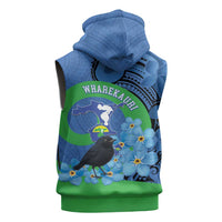 New Zealand Chatham Islands Sleeveless Hoodie Wharekauri Forget Me Not With Black Robin - Polynesian Pride