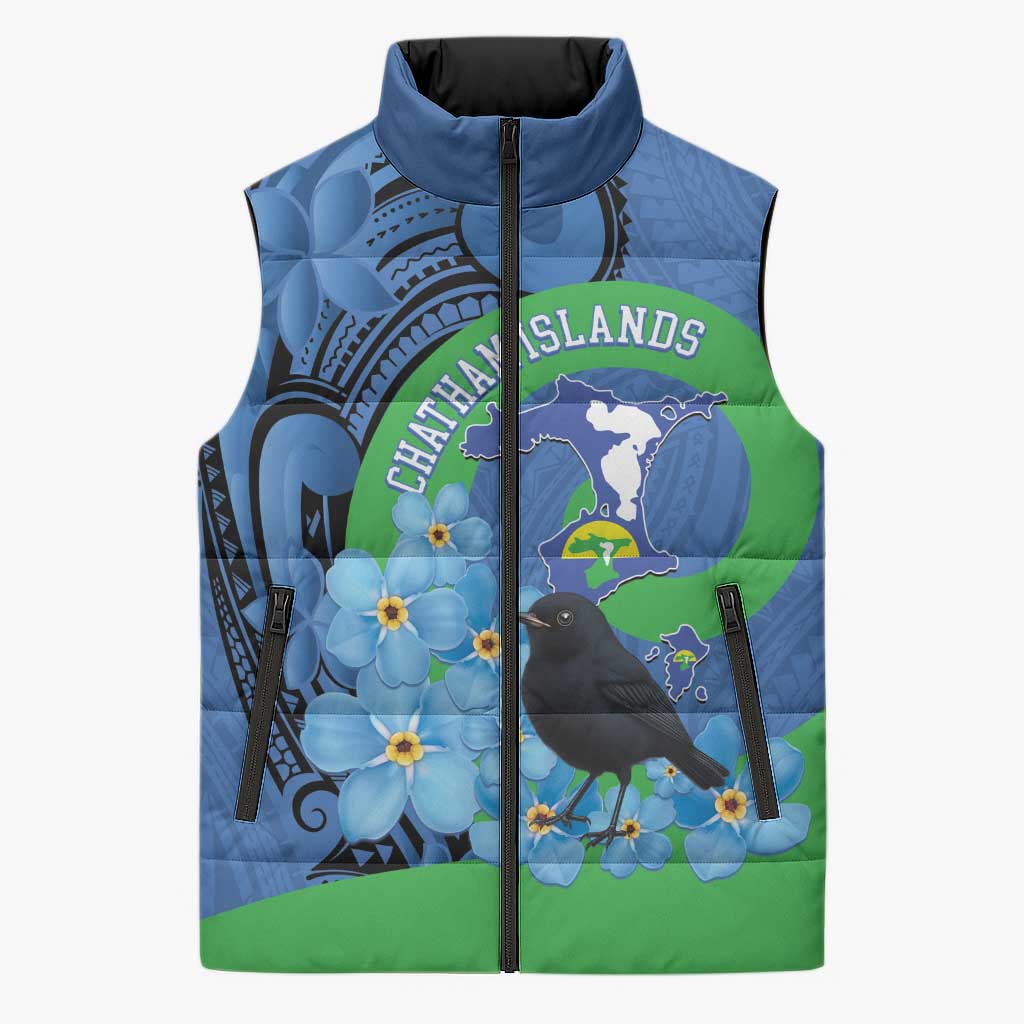 New Zealand Chatham Islands Sleeveless Puffer Jacket Wharekauri Forget Me Not With Black Robin - Polynesian Pride