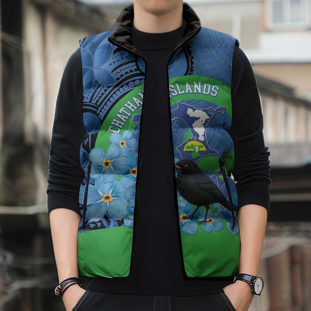 New Zealand Chatham Islands Sleeveless Puffer Jacket Wharekauri Forget Me Not With Black Robin - Polynesian Pride