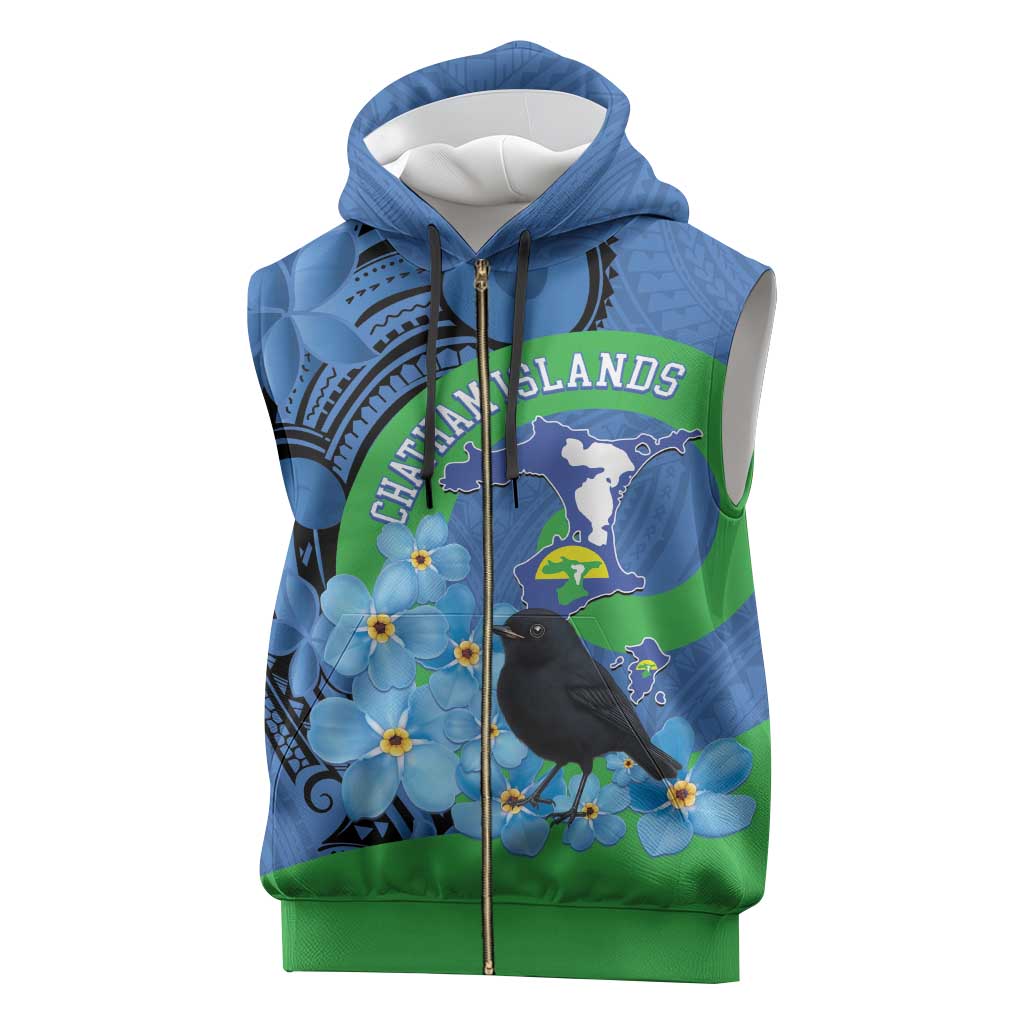New Zealand Chatham Islands Sleeveless Zip Hoodie Wharekauri Forget Me Not With Black Robin - Polynesian Pride