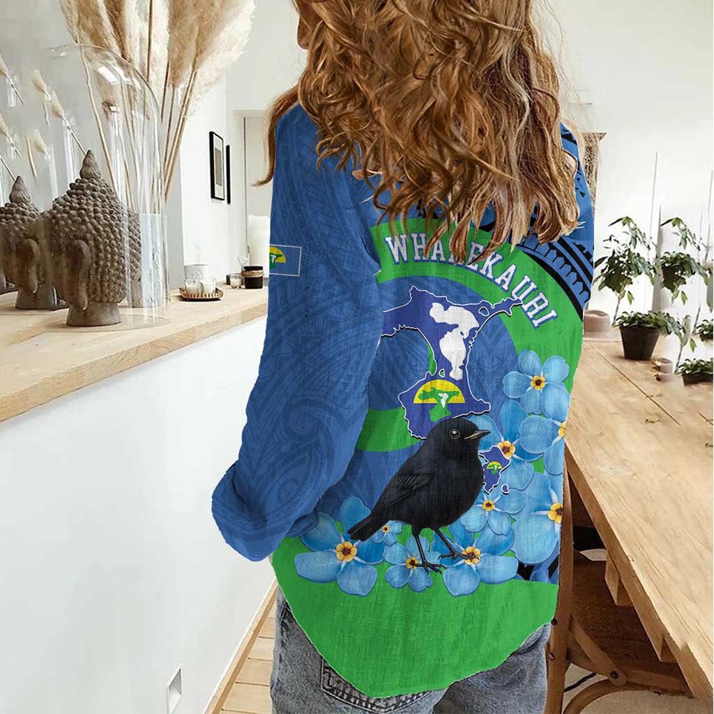 New Zealand Chatham Islands Women Casual Shirt Wharekauri Forget Me Not With Black Robin LT14 - Polynesian Pride