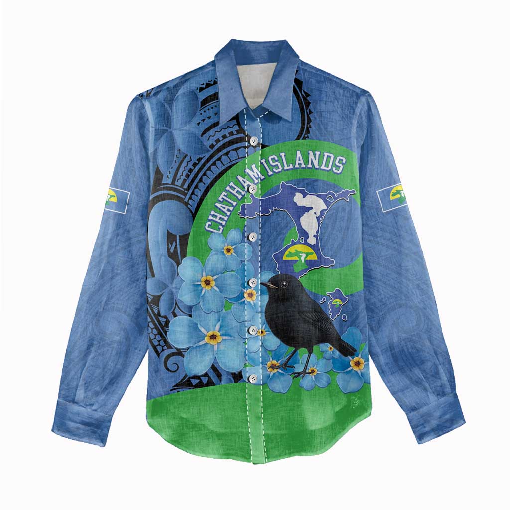 New Zealand Chatham Islands Women Casual Shirt Wharekauri Forget Me Not With Black Robin LT14 - Polynesian Pride