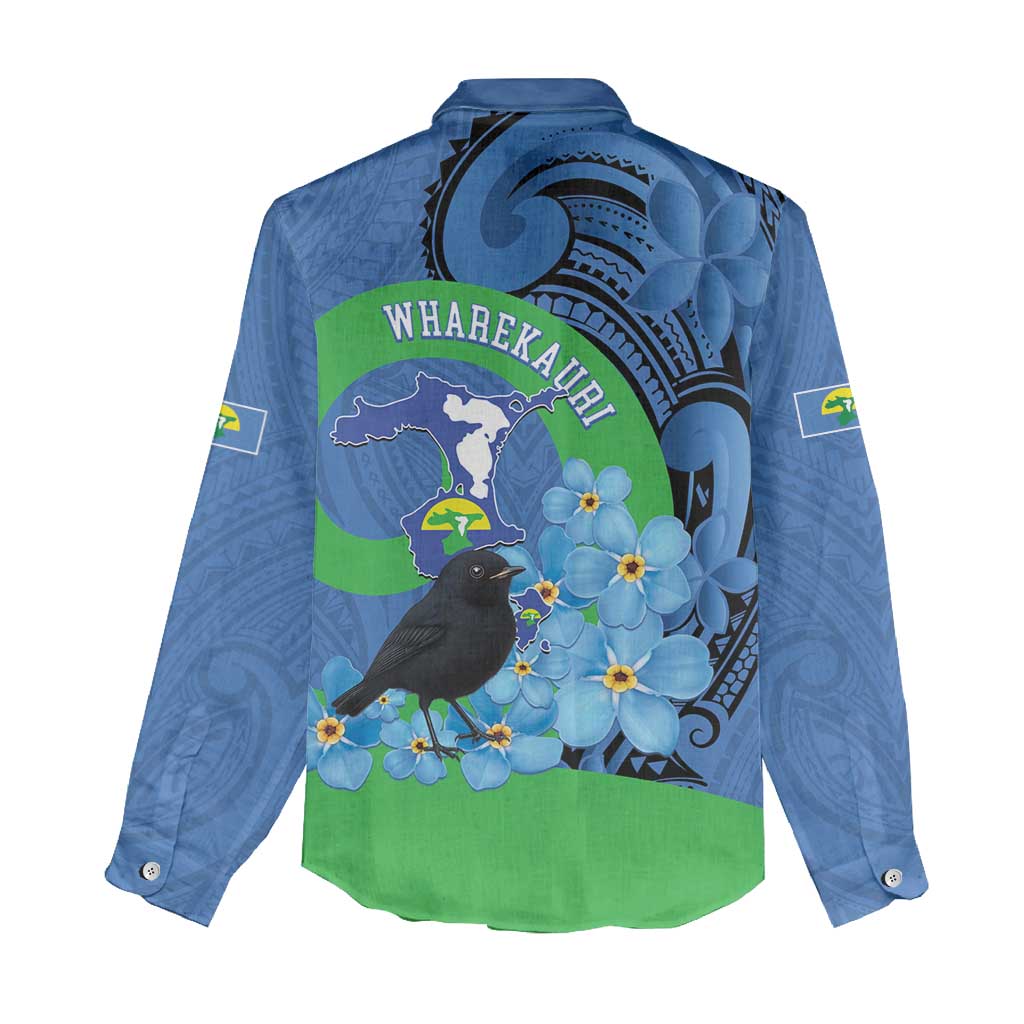 New Zealand Chatham Islands Women Casual Shirt Wharekauri Forget Me Not With Black Robin LT14 - Polynesian Pride