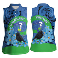 New Zealand Chatham Islands Women Sleeveless Polo Shirt Wharekauri Forget Me Not With Black Robin LT14 - Polynesian Pride