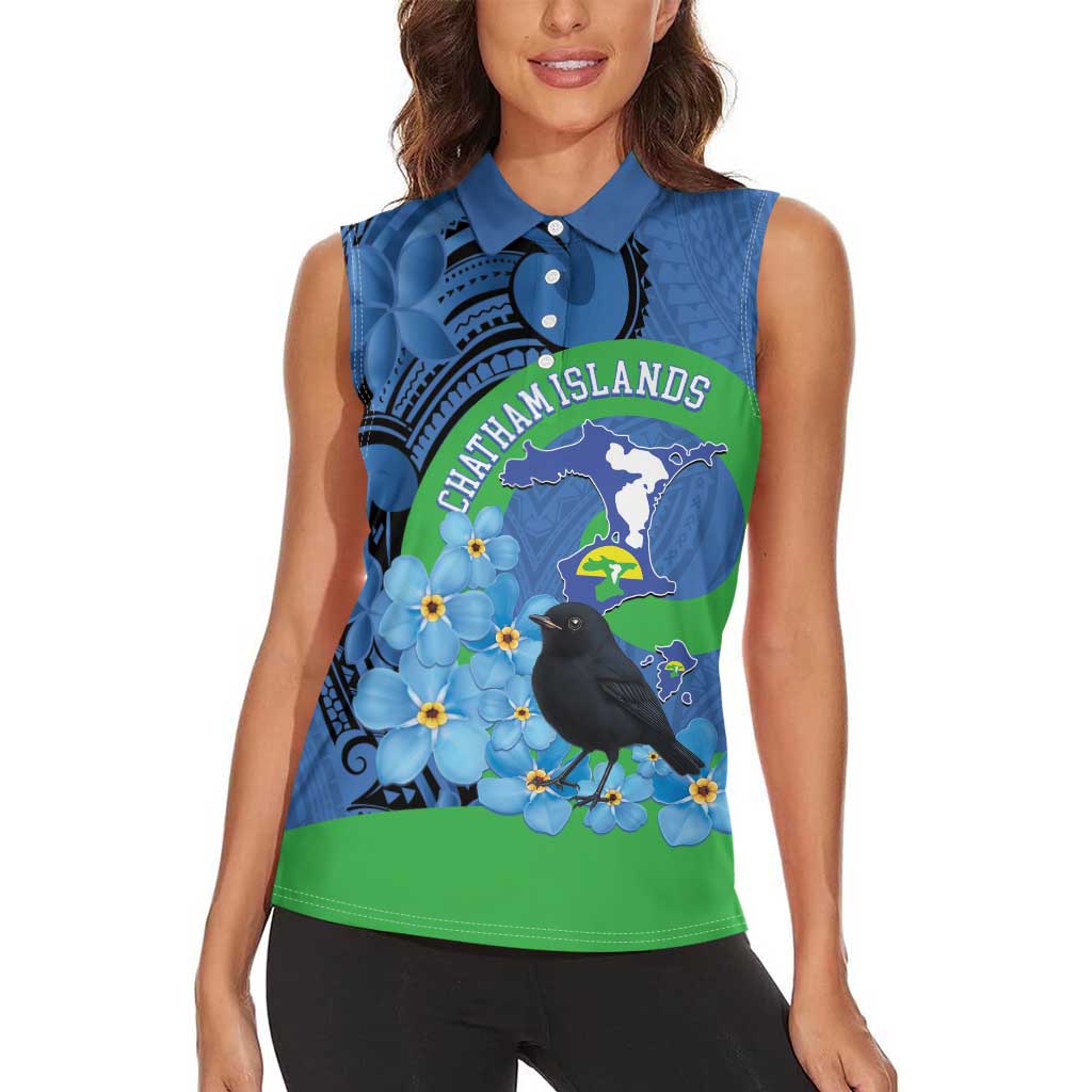 New Zealand Chatham Islands Women Sleeveless Polo Shirt Wharekauri Forget Me Not With Black Robin LT14 - Polynesian Pride