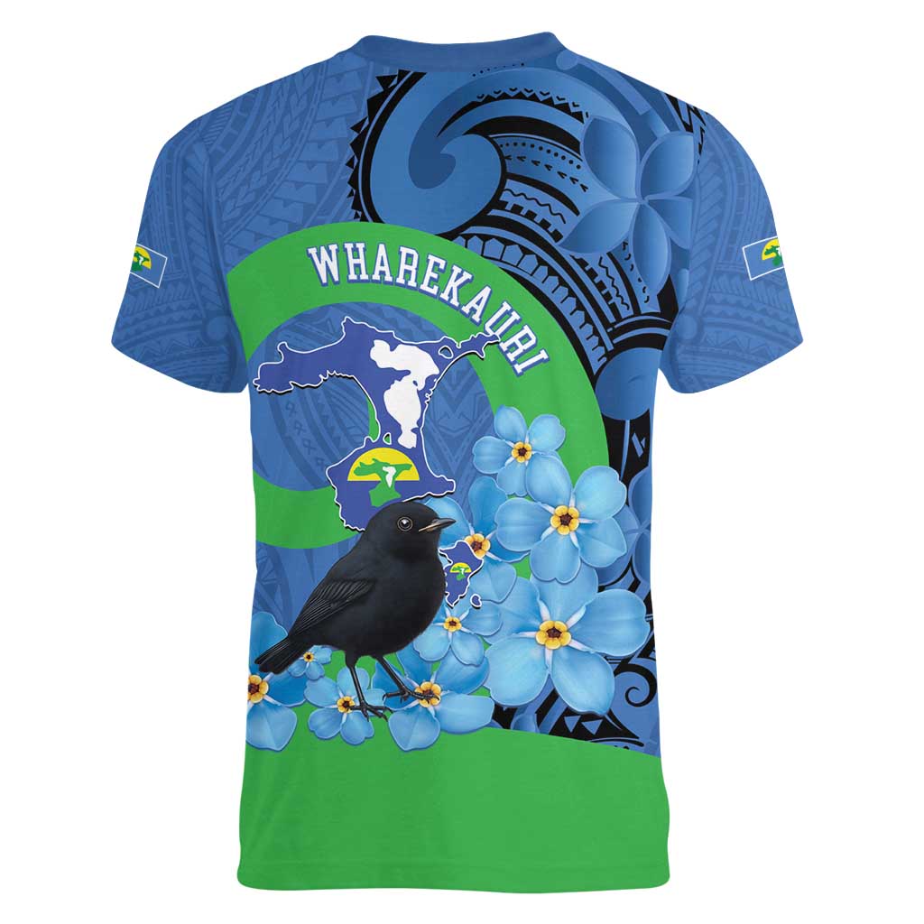 New Zealand Chatham Islands Women V-Neck T-Shirt Wharekauri Forget Me Not With Black Robin LT14 - Polynesian Pride