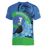New Zealand Chatham Islands Women V-Neck T-Shirt Wharekauri Forget Me Not With Black Robin LT14 - Polynesian Pride