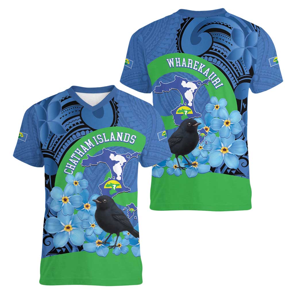 New Zealand Chatham Islands Women V-Neck T-Shirt Wharekauri Forget Me Not With Black Robin LT14 - Polynesian Pride