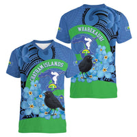 New Zealand Chatham Islands Women V-Neck T-Shirt Wharekauri Forget Me Not With Black Robin LT14 - Polynesian Pride