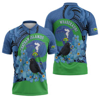 New Zealand Chatham Islands Zipper Polo Shirt Wharekauri Forget Me Not With Black Robin - Polynesian Pride