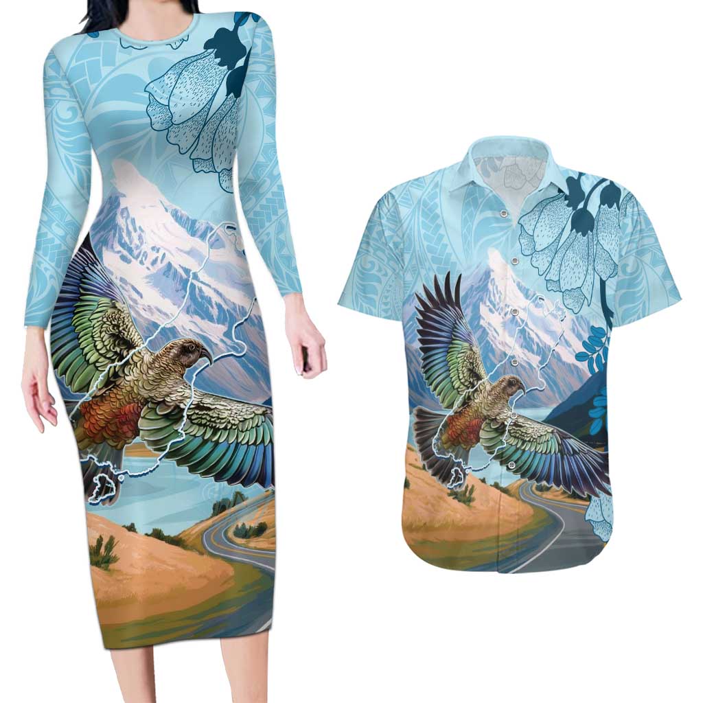 New Zealand South Island Couples Matching Long Sleeve Bodycon Dress and Hawaiian Shirt Te Waipounamu Aoraki Kea Bird LT14 Blue - Polynesian Pride