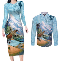 New Zealand South Island Couples Matching Long Sleeve Bodycon Dress and Long Sleeve Button Shirt Te Waipounamu Aoraki Kea Bird LT14 Blue - Polynesian Pride