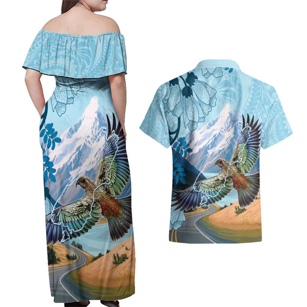 New Zealand South Island Couples Matching Off Shoulder Maxi Dress and Hawaiian Shirt Te Waipounamu Aoraki Kea Bird LT14 - Polynesian Pride