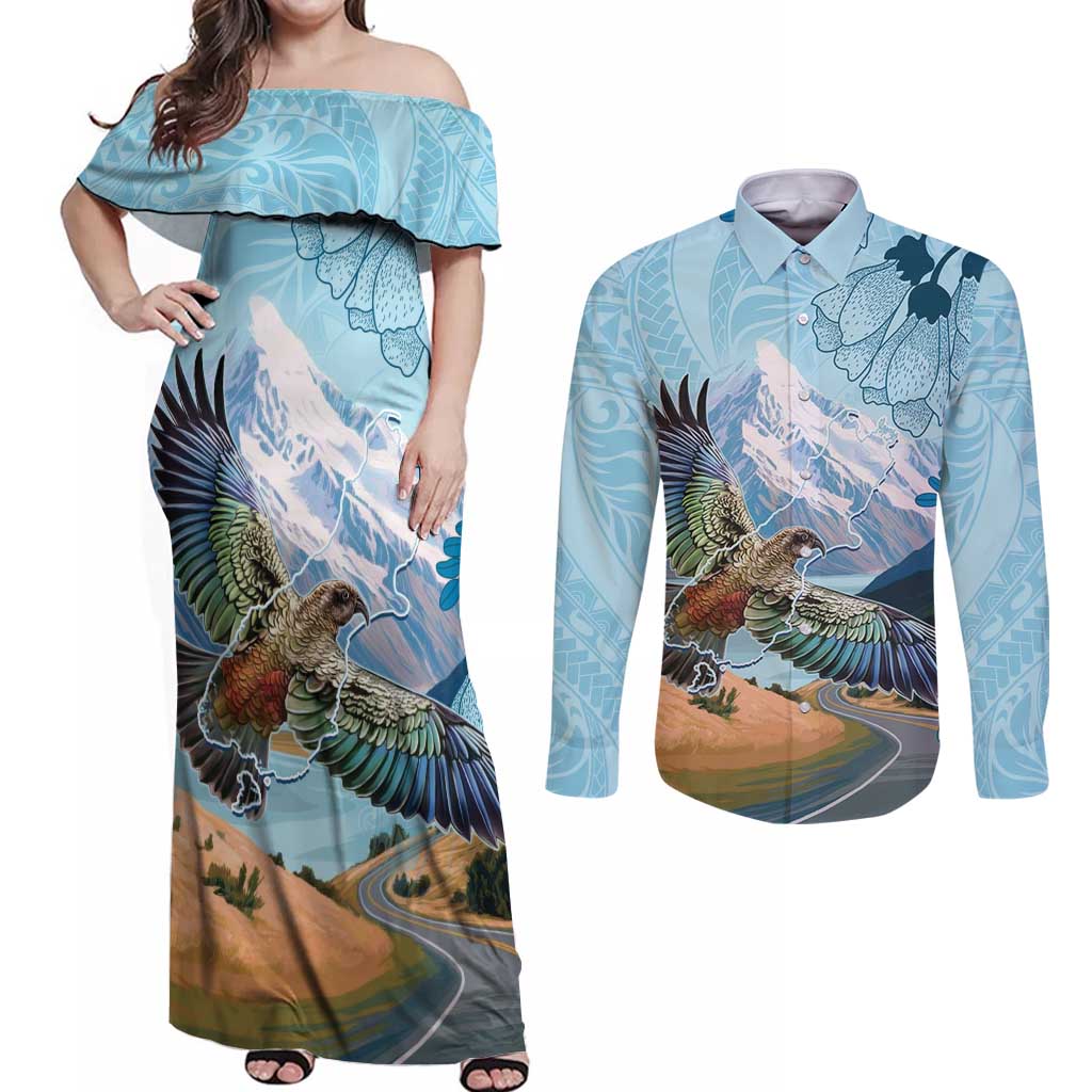 New Zealand South Island Couples Matching Off Shoulder Maxi Dress and Long Sleeve Button Shirt Te Waipounamu Aoraki Kea Bird LT14 Blue - Polynesian Pride