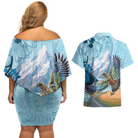 New Zealand South Island Couples Matching Off Shoulder Short Dress and Hawaiian Shirt Te Waipounamu Aoraki Kea Bird LT14 - Polynesian Pride