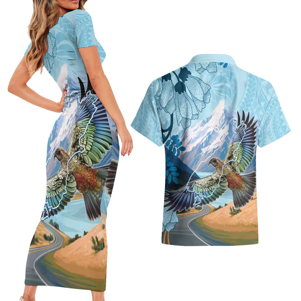 New Zealand South Island Couples Matching Short Sleeve Bodycon Dress and Hawaiian Shirt Te Waipounamu Aoraki Kea Bird LT14 - Polynesian Pride