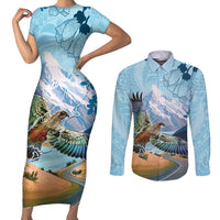 New Zealand South Island Couples Matching Short Sleeve Bodycon Dress and Long Sleeve Button Shirt Te Waipounamu Aoraki Kea Bird LT14 Blue - Polynesian Pride