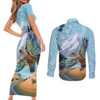 New Zealand South Island Couples Matching Short Sleeve Bodycon Dress and Long Sleeve Button Shirt Te Waipounamu Aoraki Kea Bird LT14 - Polynesian Pride