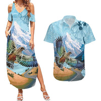 New Zealand South Island Couples Matching Summer Maxi Dress and Hawaiian Shirt Te Waipounamu Aoraki Kea Bird LT14 Blue - Polynesian Pride