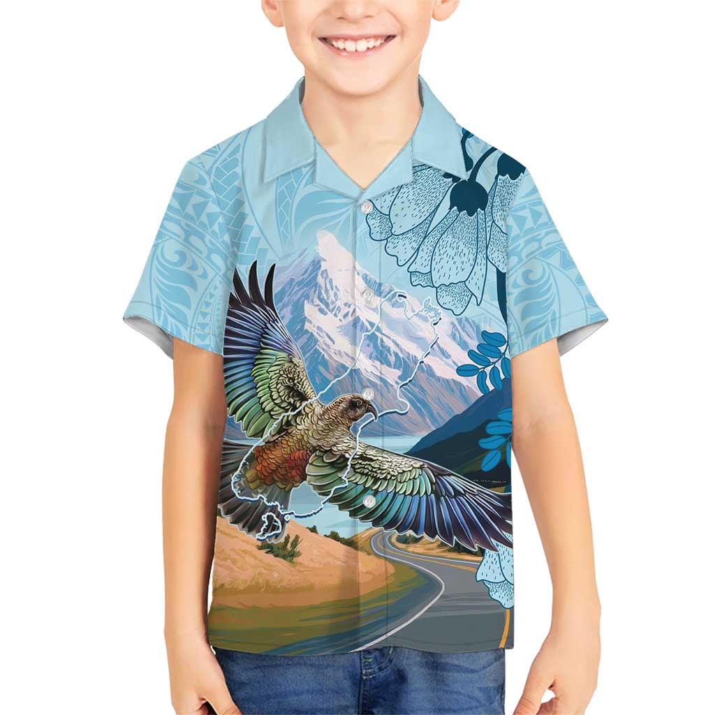 New Zealand South Island Family Matching Long Sleeve Bodycon Dress and Hawaiian Shirt Te Waipounamu Aoraki Kea Bird LT14 Son's Shirt Blue - Polynesian Pride