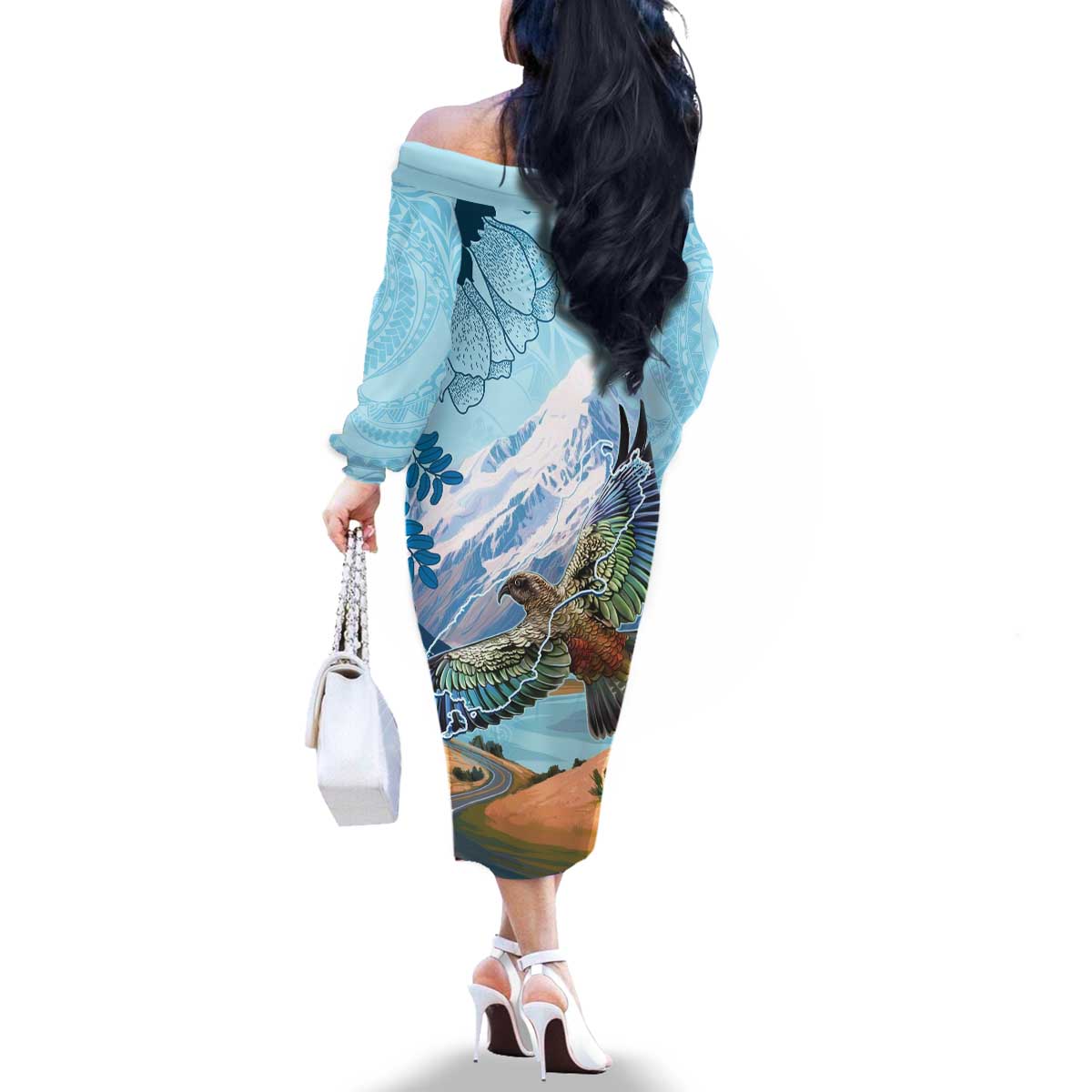 New Zealand South Island Family Matching Off The Shoulder Long Sleeve Dress and Hawaiian Shirt Te Waipounamu Aoraki Kea Bird