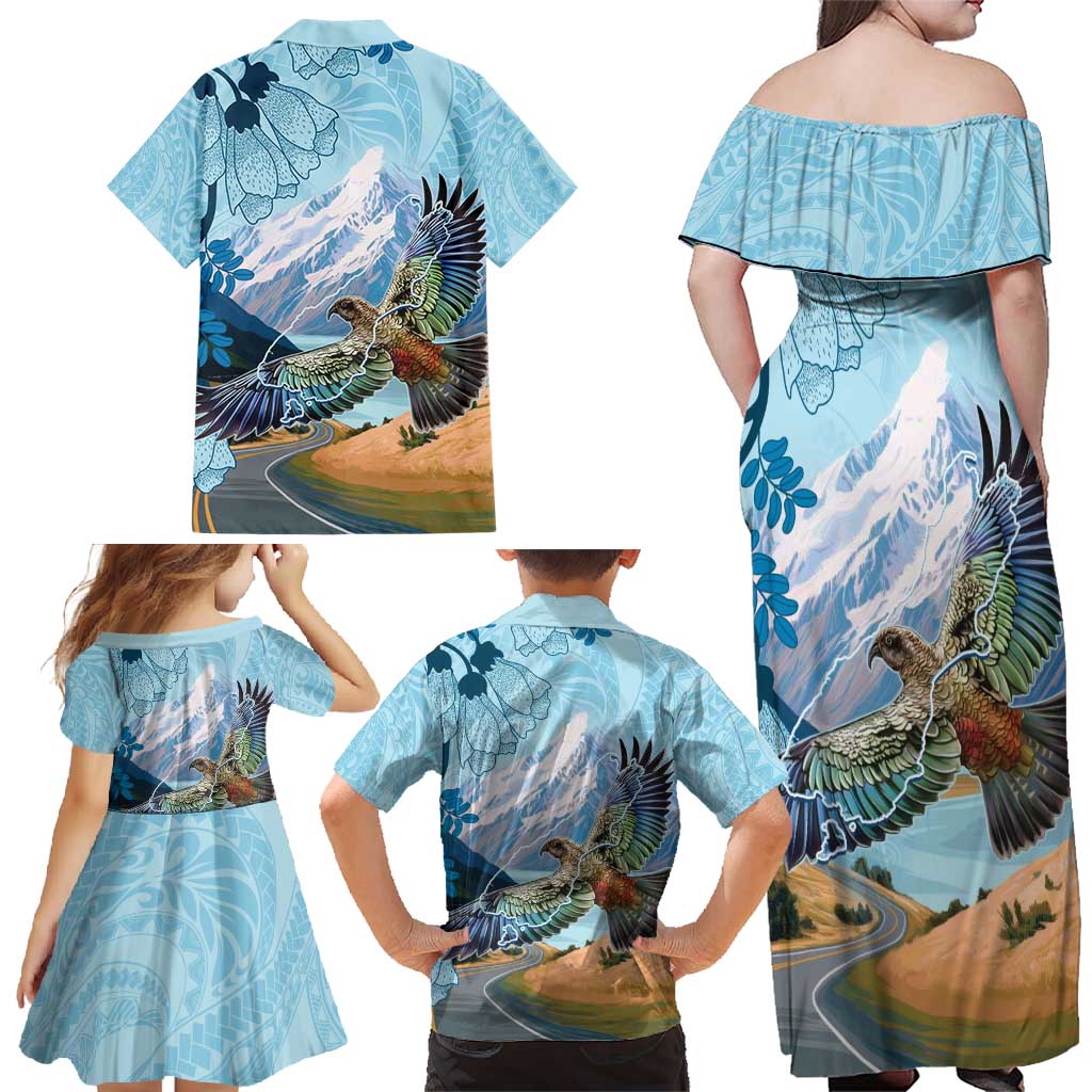 New Zealand South Island Family Matching Off Shoulder Maxi Dress and Hawaiian Shirt Te Waipounamu Aoraki Kea Bird