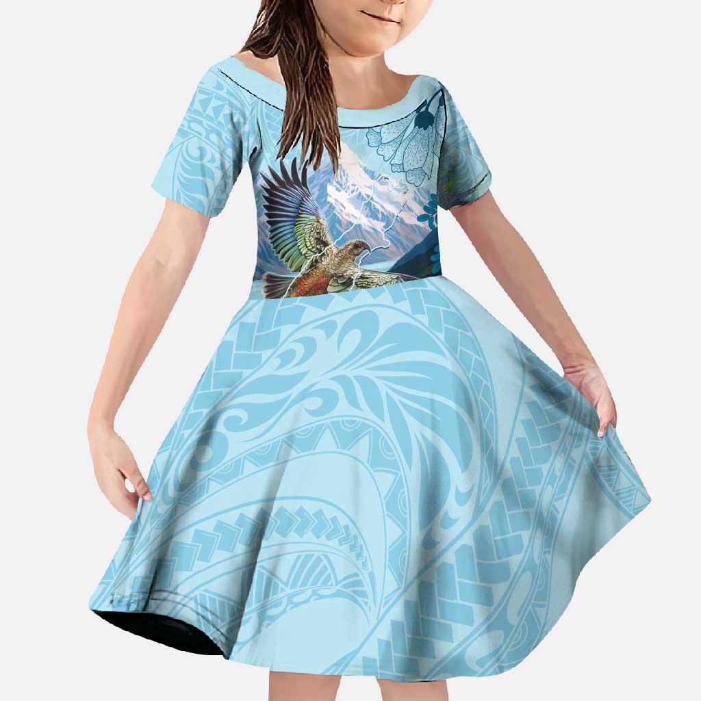 New Zealand South Island Family Matching Short Sleeve Bodycon Dress and Hawaiian Shirt Te Waipounamu Aoraki Kea Bird LT14 Daughter's Dress Blue - Polynesian Pride