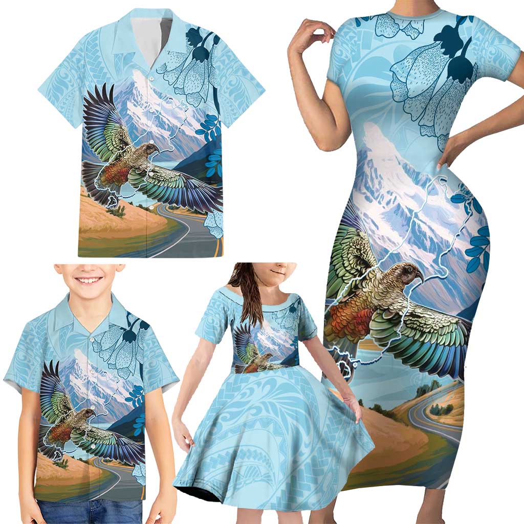New Zealand South Island Family Matching Short Sleeve Bodycon Dress and Hawaiian Shirt Te Waipounamu Aoraki Kea Bird LT14 - Polynesian Pride