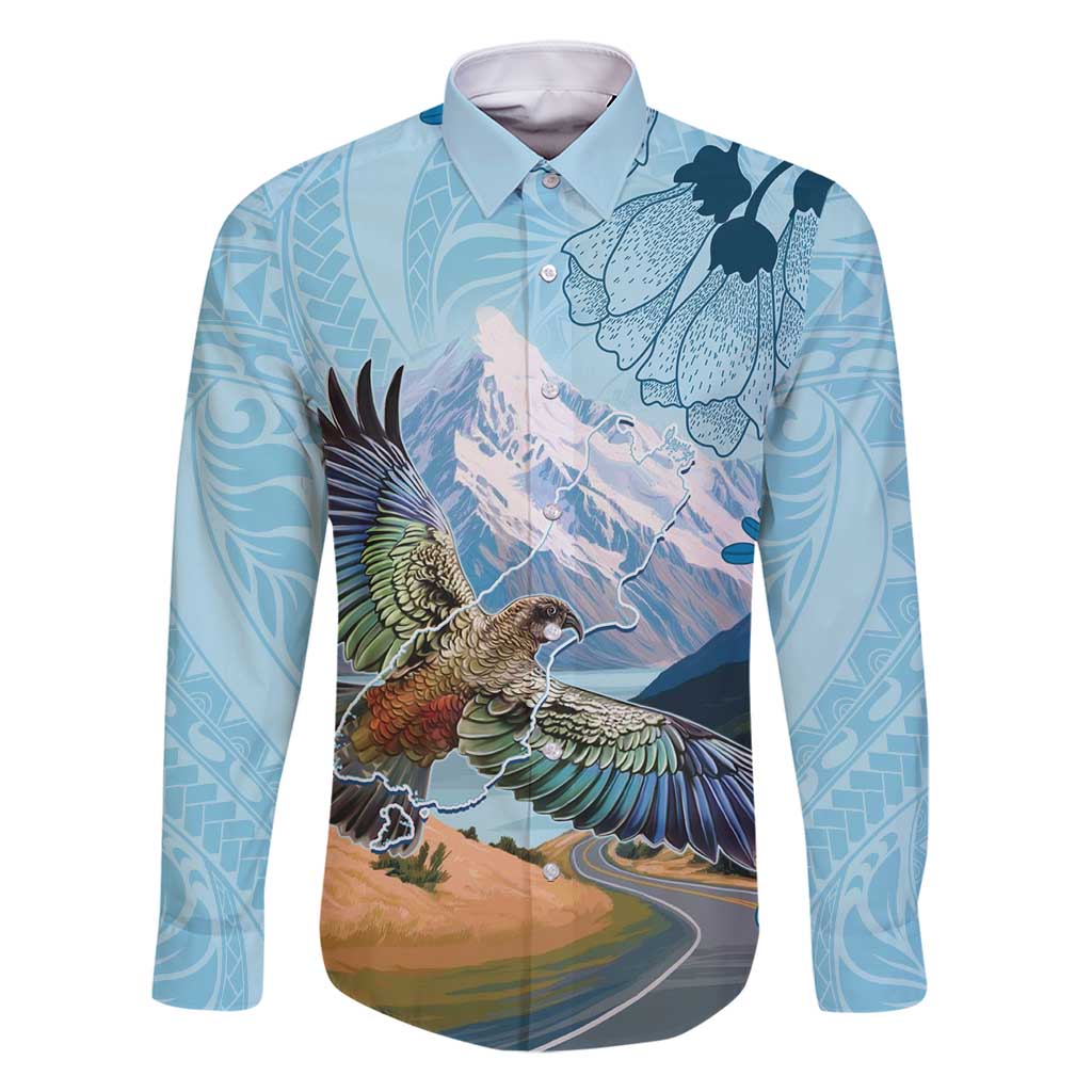New Zealand South Island Family Matching Summer Maxi Dress and Hawaiian Shirt Te Waipounamu Aoraki Kea Bird LT14 Dad's Shirt - Long Sleeve Blue - Polynesian Pride