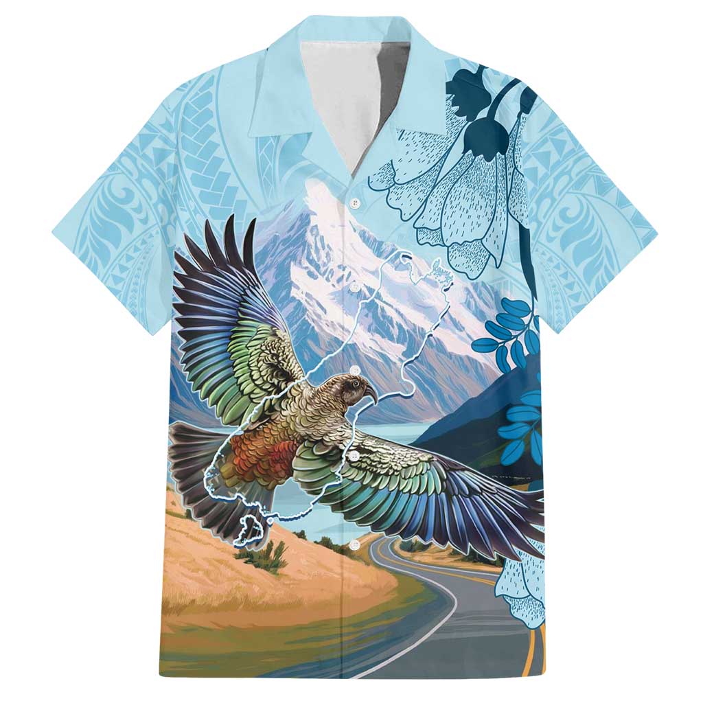 New Zealand South Island Family Matching Tank Maxi Dress and Hawaiian Shirt Te Waipounamu Aoraki Kea Bird LT14 Dad's Shirt - Short Sleeve Blue - Polynesian Pride