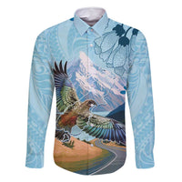 New Zealand South Island Family Matching Tank Maxi Dress and Hawaiian Shirt Te Waipounamu Aoraki Kea Bird LT14 Dad's Shirt - Long Sleeve Blue - Polynesian Pride