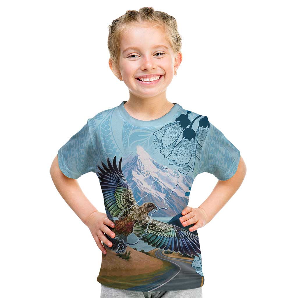 New Zealand South Island Kid T Shirt Te Waipounamu Aoraki Kea Bird LT14 Blue - Polynesian Pride
