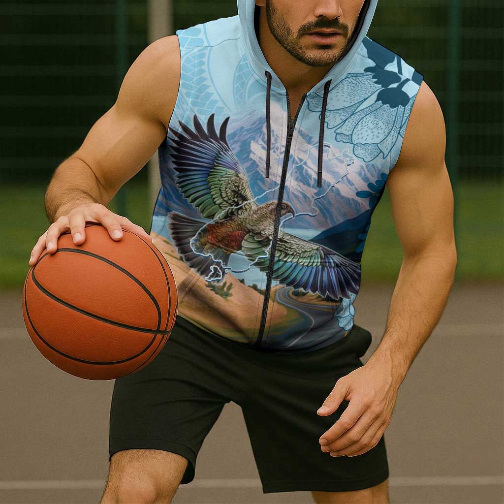 New Zealand South Island Sleeveless Zip Hoodie Te Waipounamu Aoraki Kea Bird - Polynesian Pride