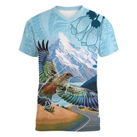New Zealand South Island Women V-Neck T-Shirt Te Waipounamu Aoraki Kea Bird LT14 Female Blue - Polynesian Pride