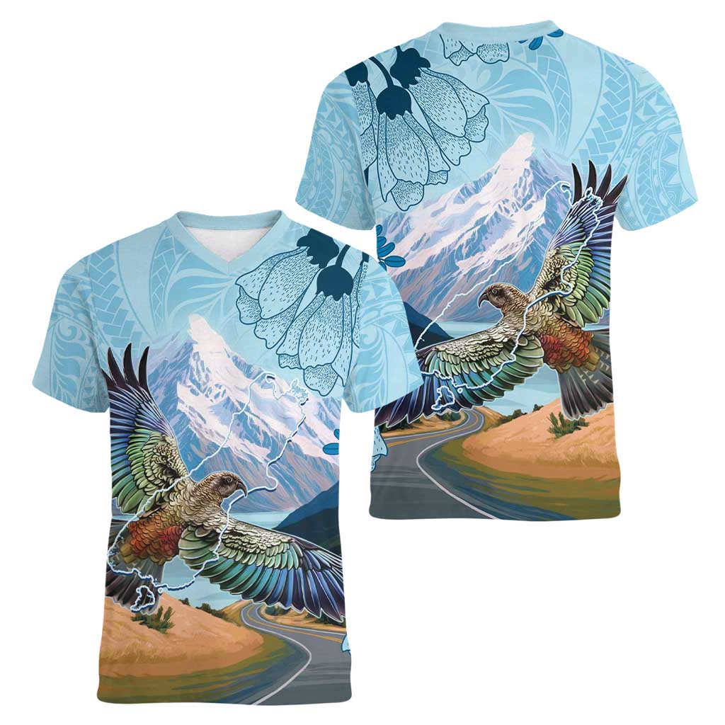 New Zealand South Island Women V-Neck T-Shirt Te Waipounamu Aoraki Kea Bird LT14 - Polynesian Pride
