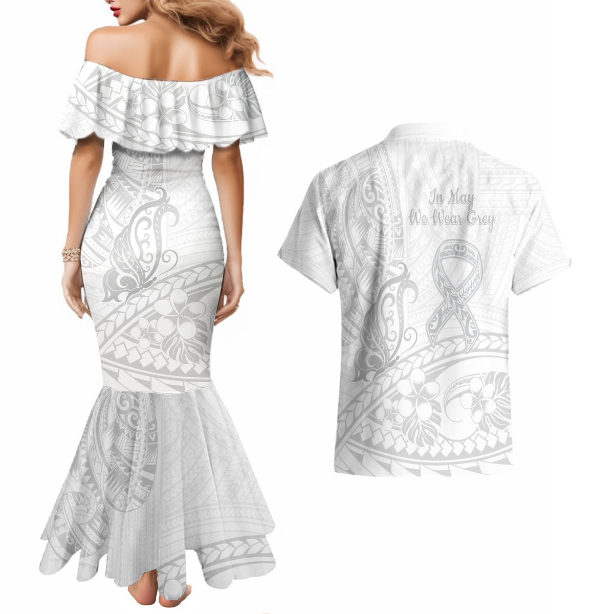 Polynesia Brain Cancer Awareness Couples Matching Mermaid Dress and Hawaiian Shirt In May We Wear Grey