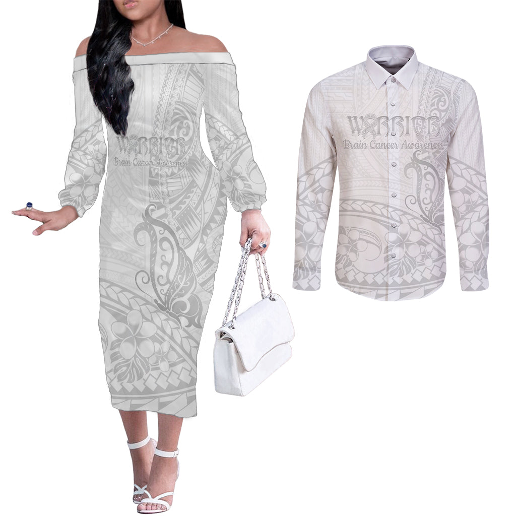 Polynesia Brain Cancer Awareness Couples Matching Off The Shoulder Long Sleeve Dress and Long Sleeve Button Shirt In May We Wear Grey