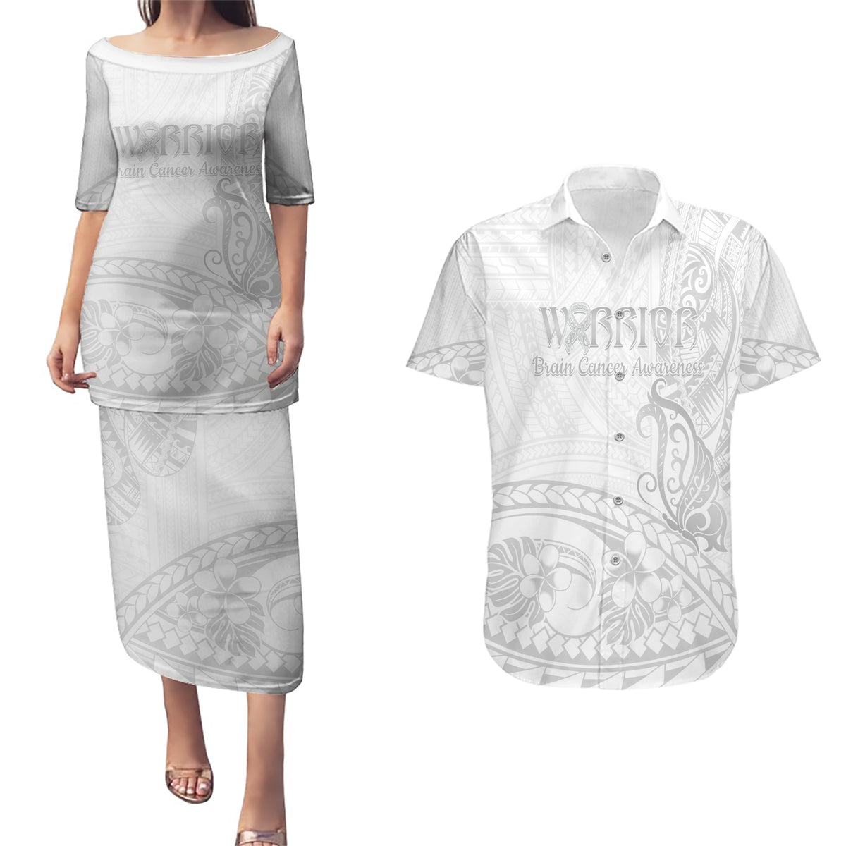 Polynesia Brain Cancer Awareness Couples Matching Puletasi and Hawaiian Shirt In May We Wear Grey