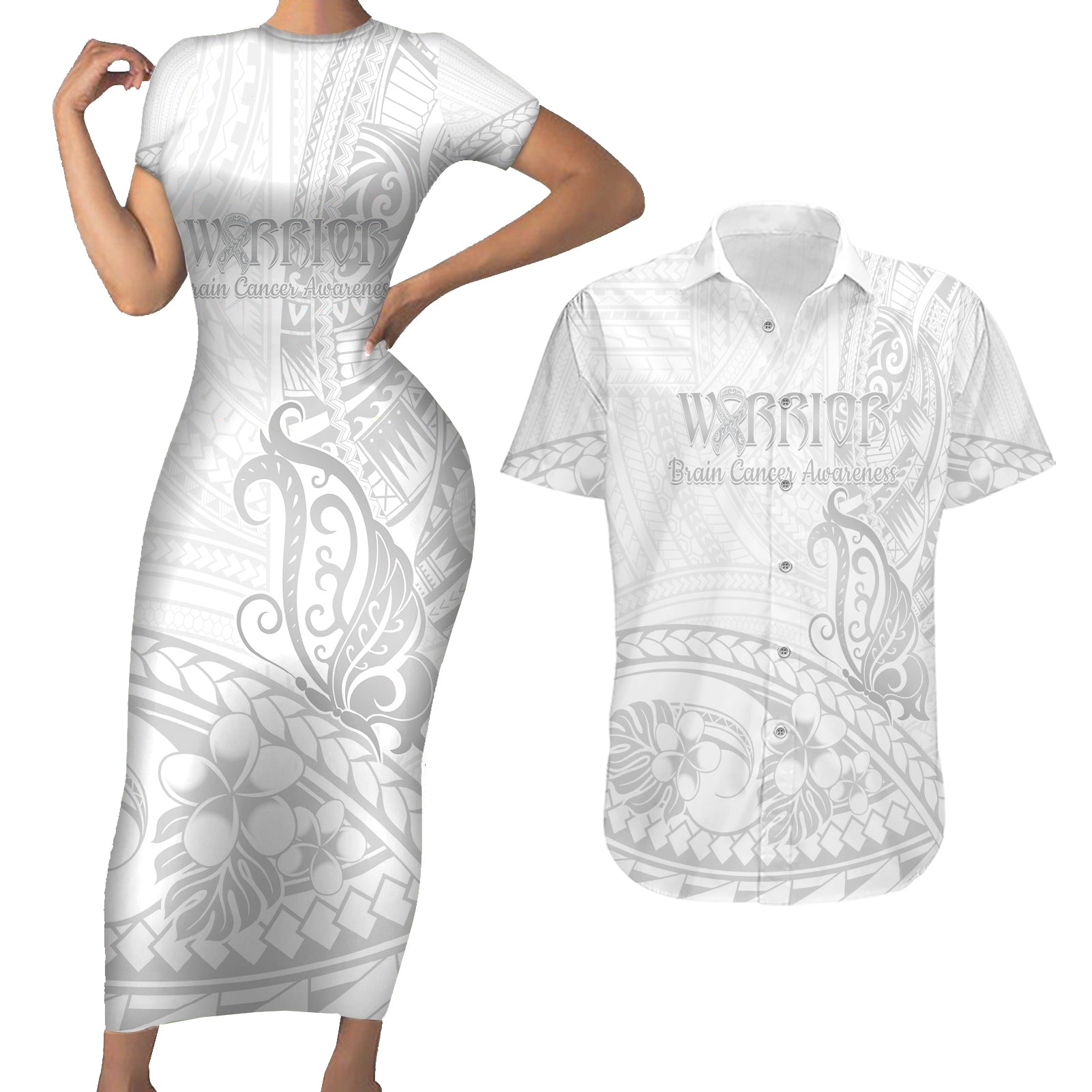 Polynesia Brain Cancer Awareness Couples Matching Short Sleeve Bodycon Dress and Hawaiian Shirt In May We Wear Grey