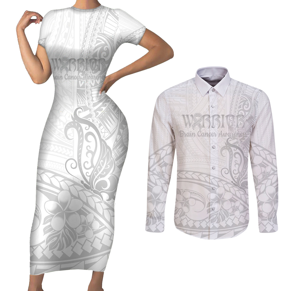 Polynesia Brain Cancer Awareness Couples Matching Short Sleeve Bodycon Dress and Long Sleeve Button Shirt In May We Wear Grey