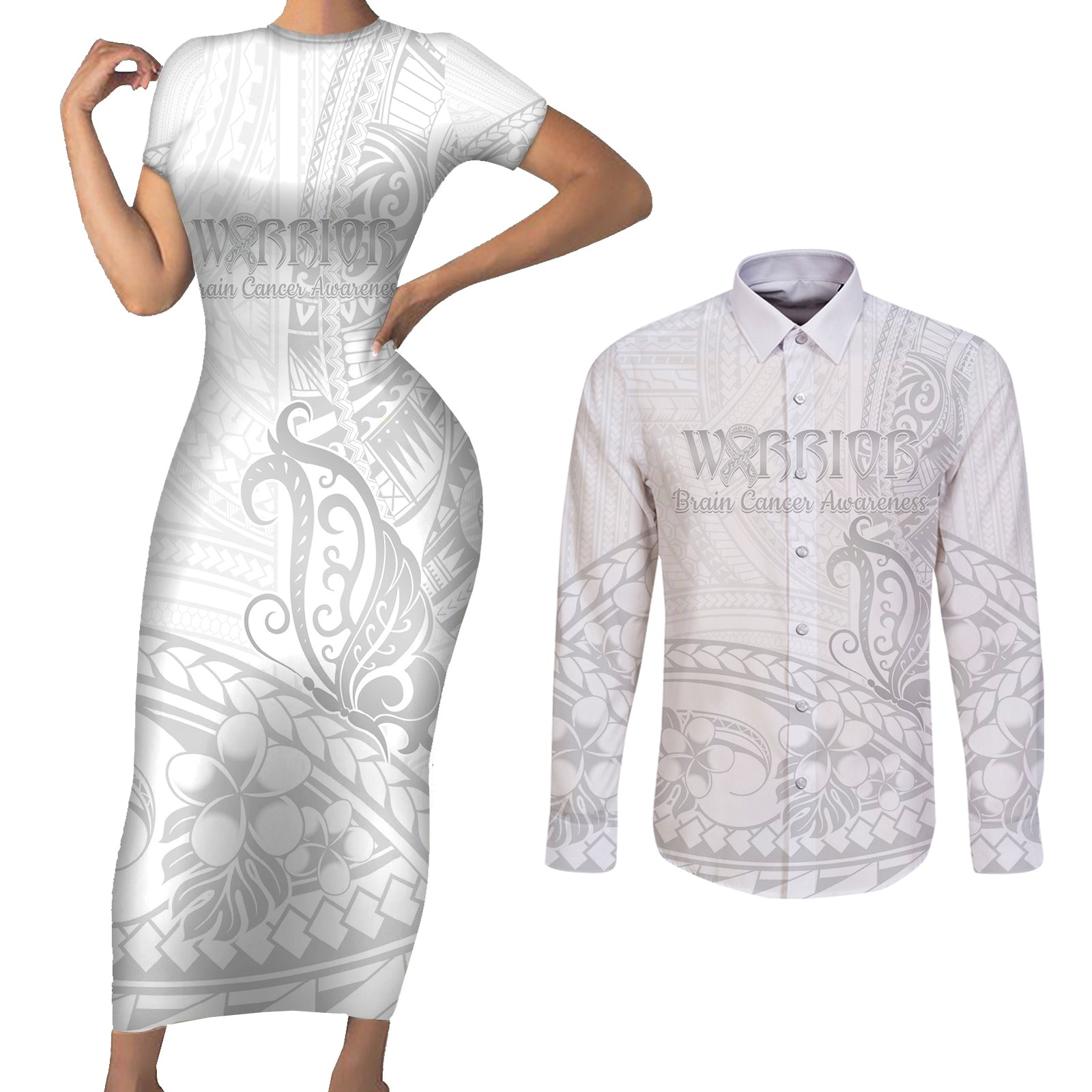 Polynesia Brain Cancer Awareness Couples Matching Short Sleeve Bodycon Dress and Long Sleeve Button Shirt In May We Wear Grey