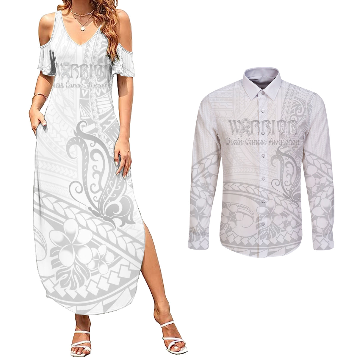 Polynesia Brain Cancer Awareness Couples Matching Summer Maxi Dress and Long Sleeve Button Shirt In May We Wear Grey