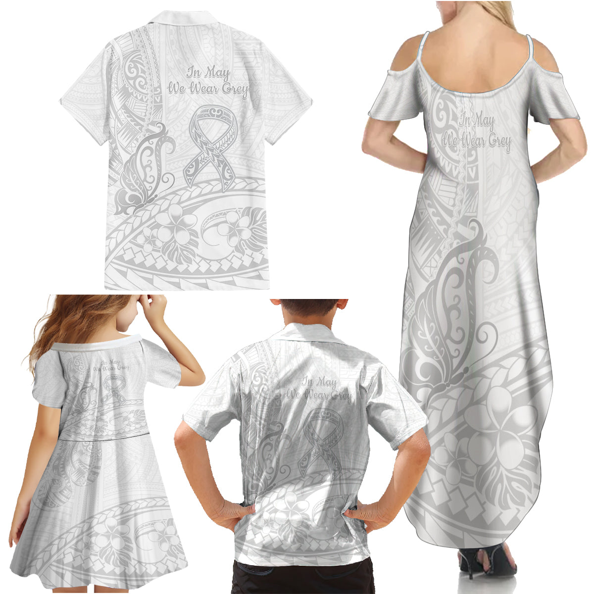 Polynesia Brain Cancer Awareness Family Matching Summer Maxi Dress and Hawaiian Shirt In May We Wear Grey