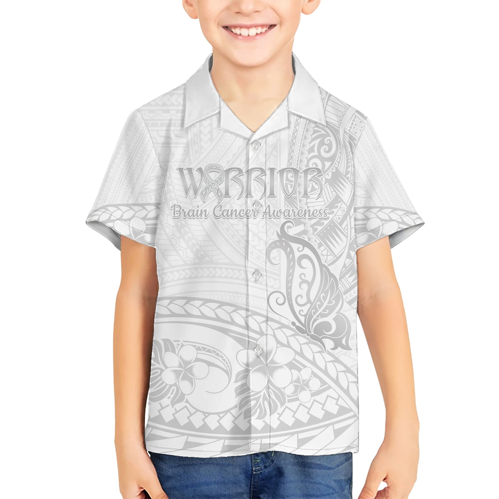 Polynesia Brain Cancer Awareness Kid Hawaiian Shirt In May We Wear Grey