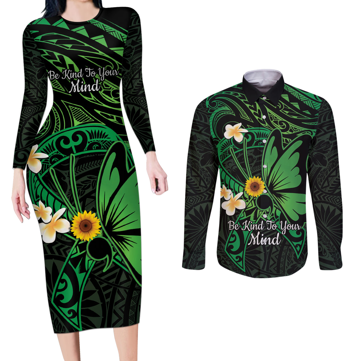 Polynesia Mental Health Awareness Couples Matching Long Sleeve Bodycon Dress and Long Sleeve Button Shirt Green Ribbon Be Kind To Your Mind